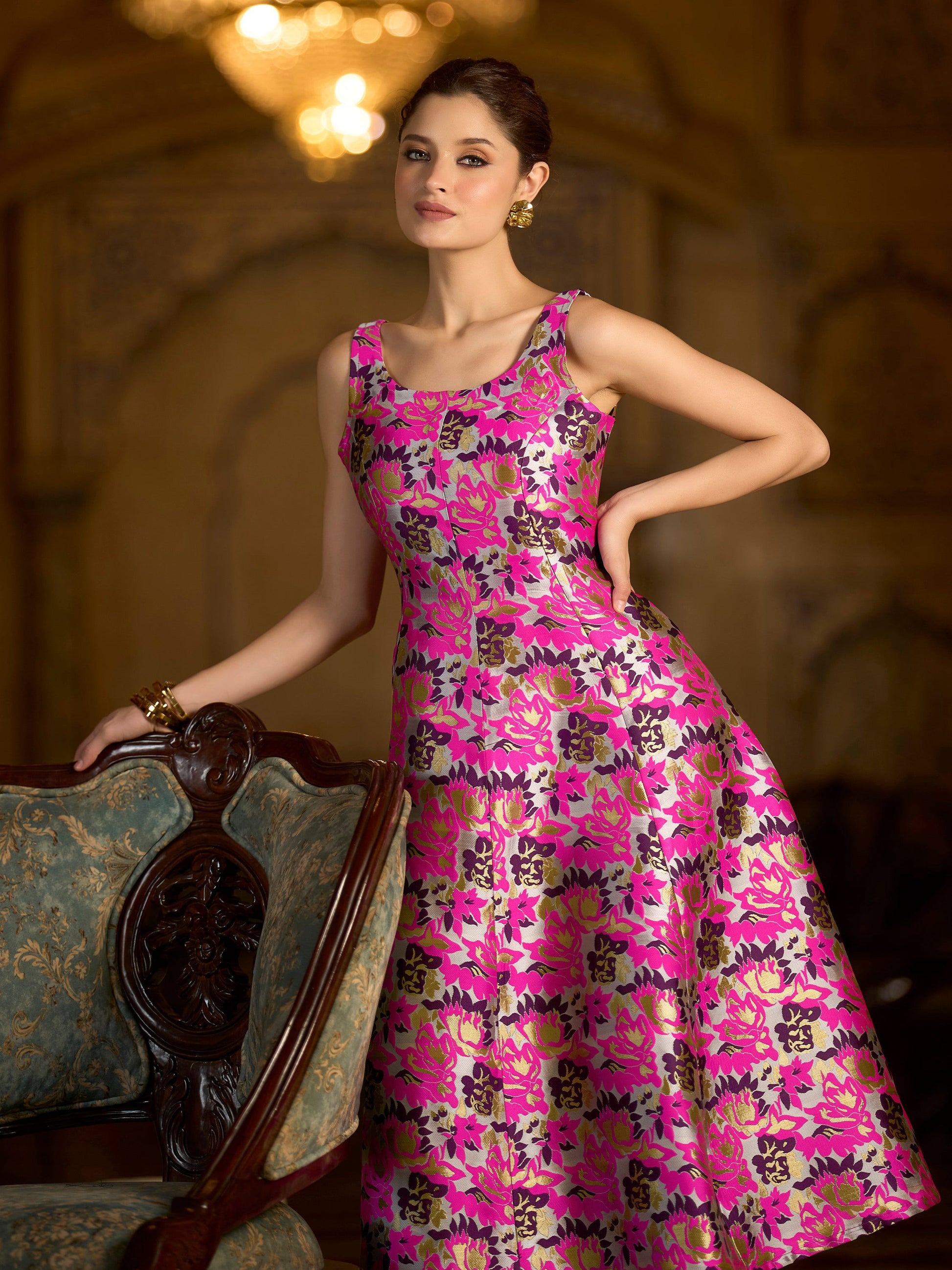 Monjolika Fashion Pink Jacquard Woven Floral Fit & Flare Midi Dress