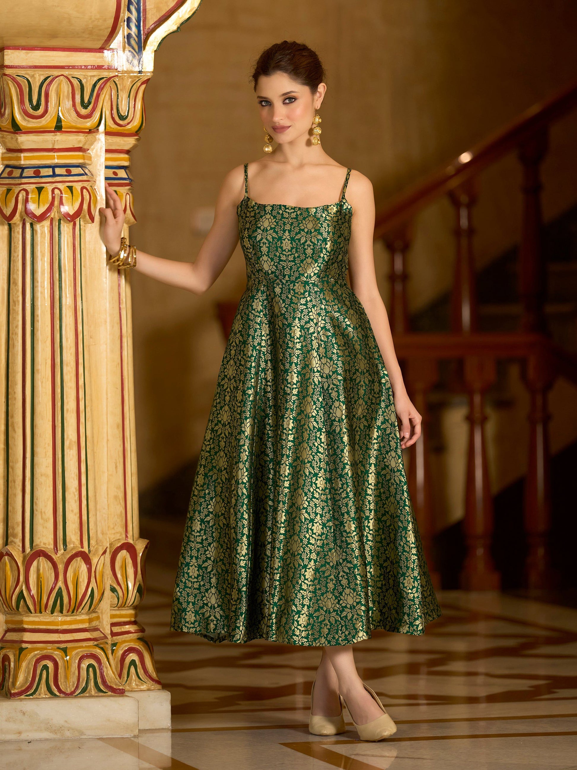 Monjolika Fashion Green Jacquard Zari Weaving A-Line Dress for Women