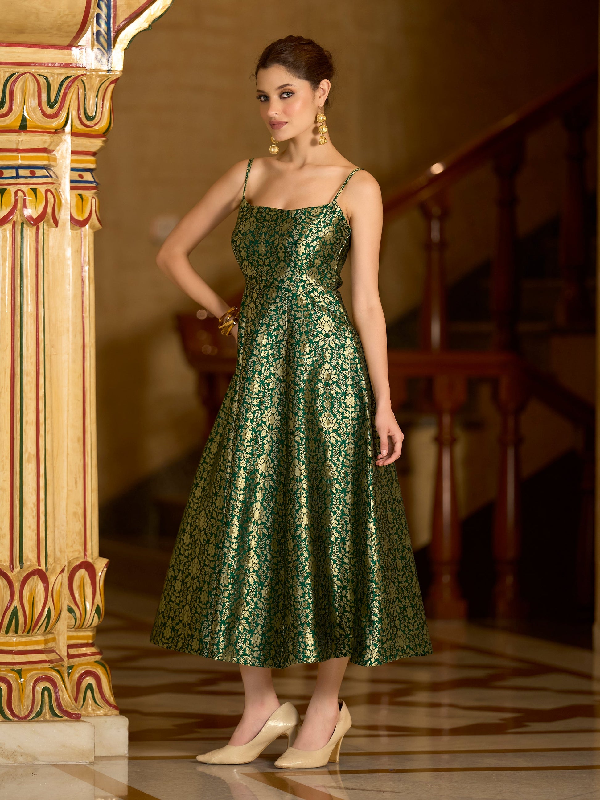 Monjolika Fashion Green Jacquard Zari Weaving A-Line Dress for Women
