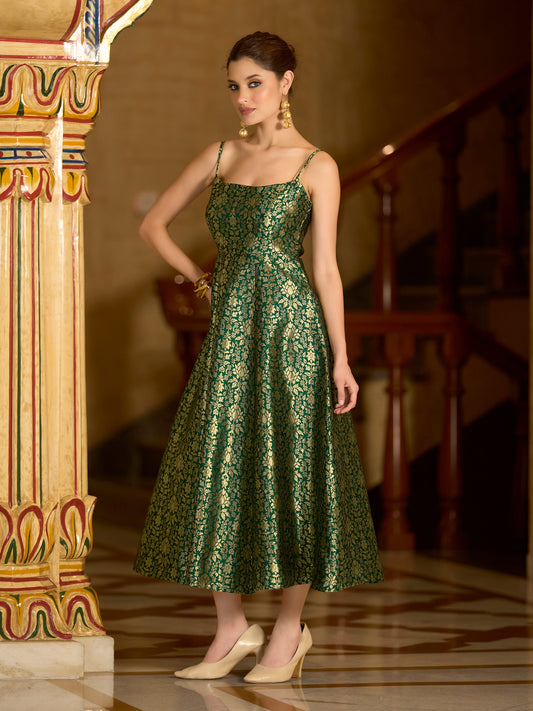 Monjolika Fashion Green Jacquard Zari Weaving A-Line Dress for Women