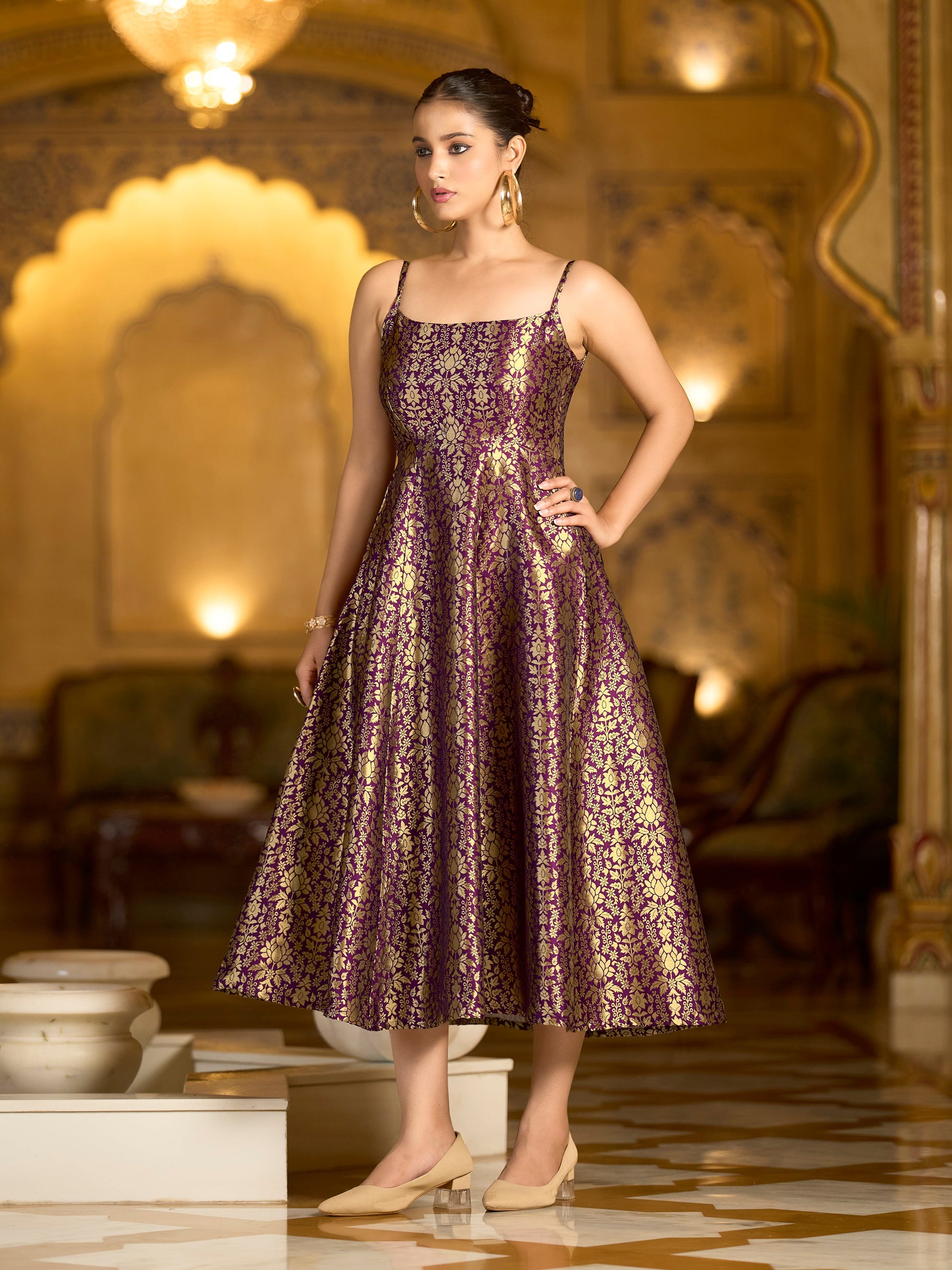 Monjolika Fashion Wine Jacquard Zari Weaving A-Line Dress for Women