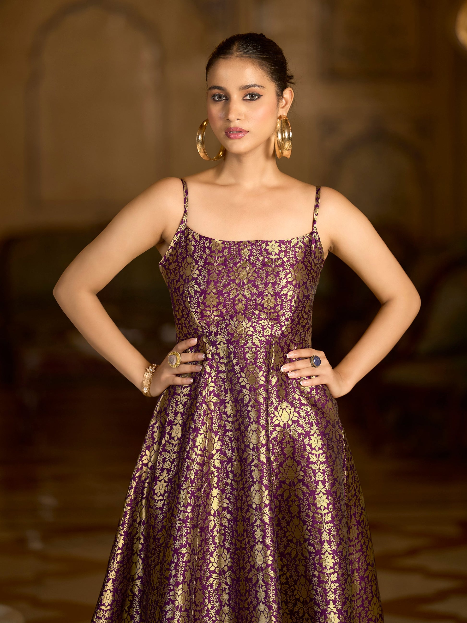 Monjolika Fashion Wine Jacquard Zari Weaving A-Line Dress for Women