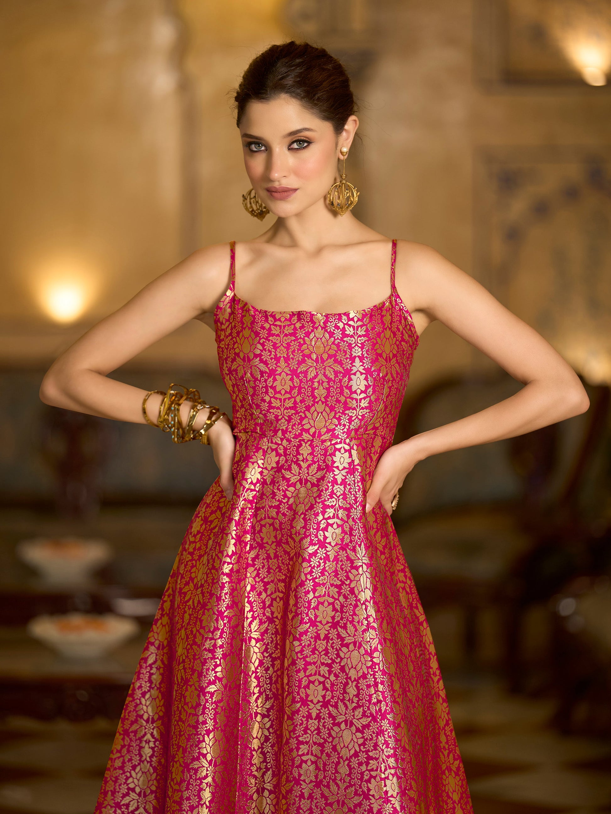 Monjolika Fashion Pink Jacquard Zari Weaving A-Line Dress for Women
