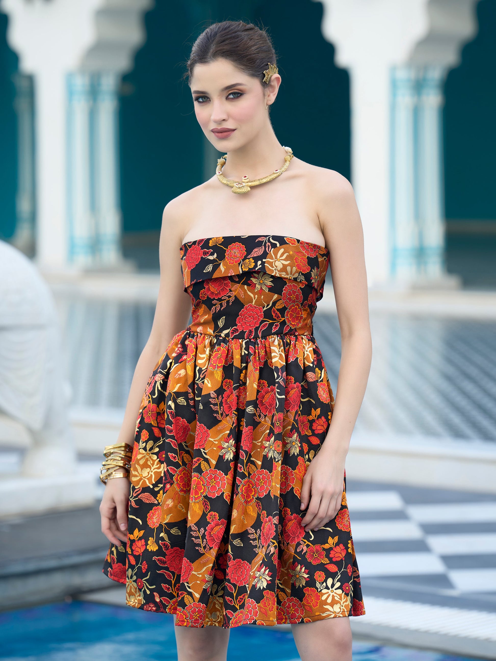 Monjolika Fashion Black Floral Weaving Zari Jacquard Strapless Mini Dress