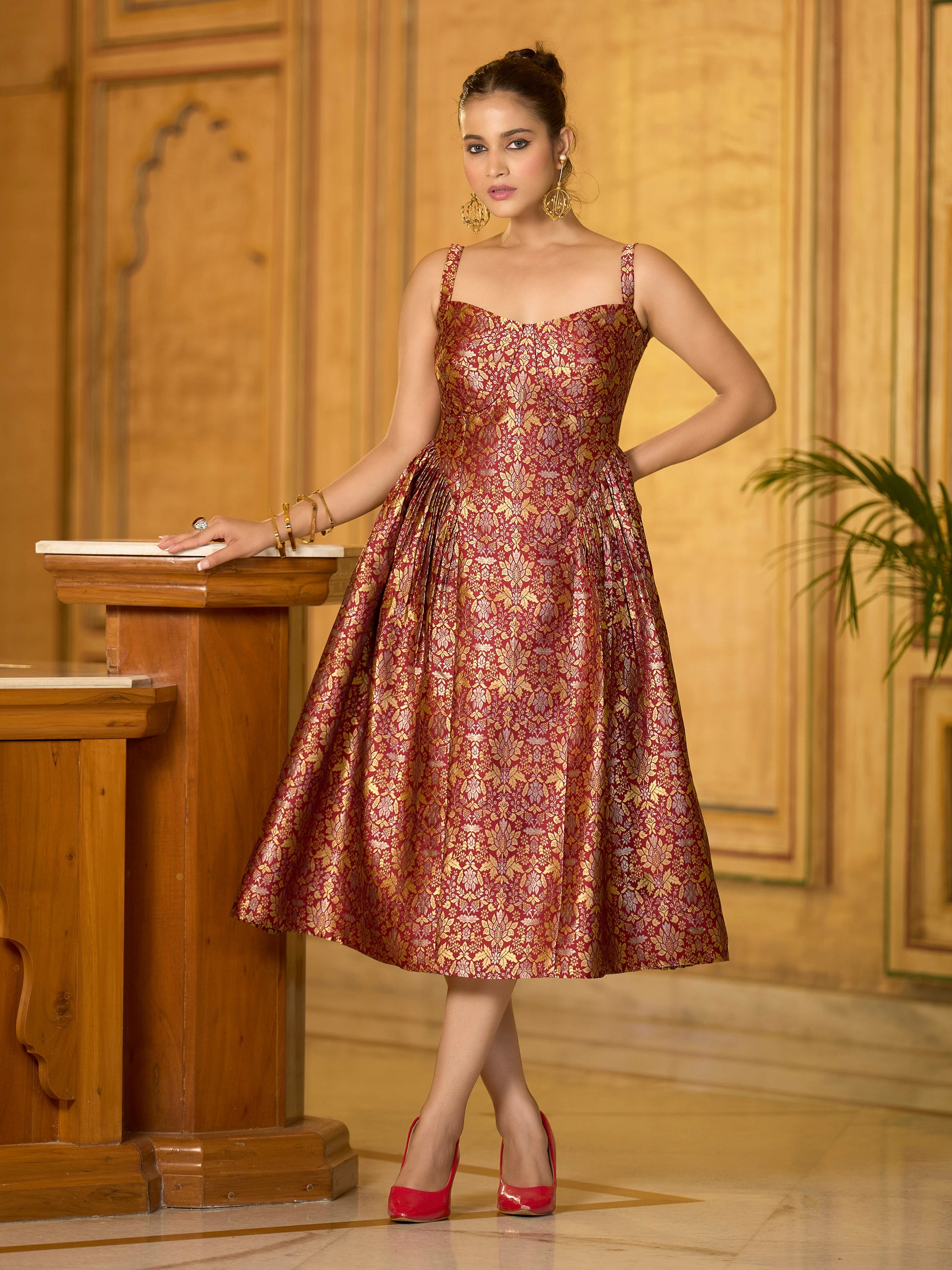 Monjolika Fashion Designer Maroon Jacquard Zari Woven A-Line Midi Dress
