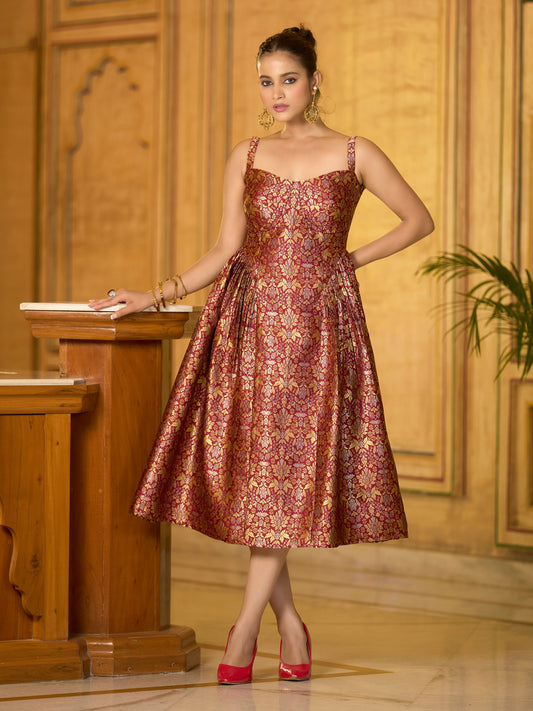 Monjolika Fashion Designer Maroon Jacquard Zari Woven A-Line Midi Dress