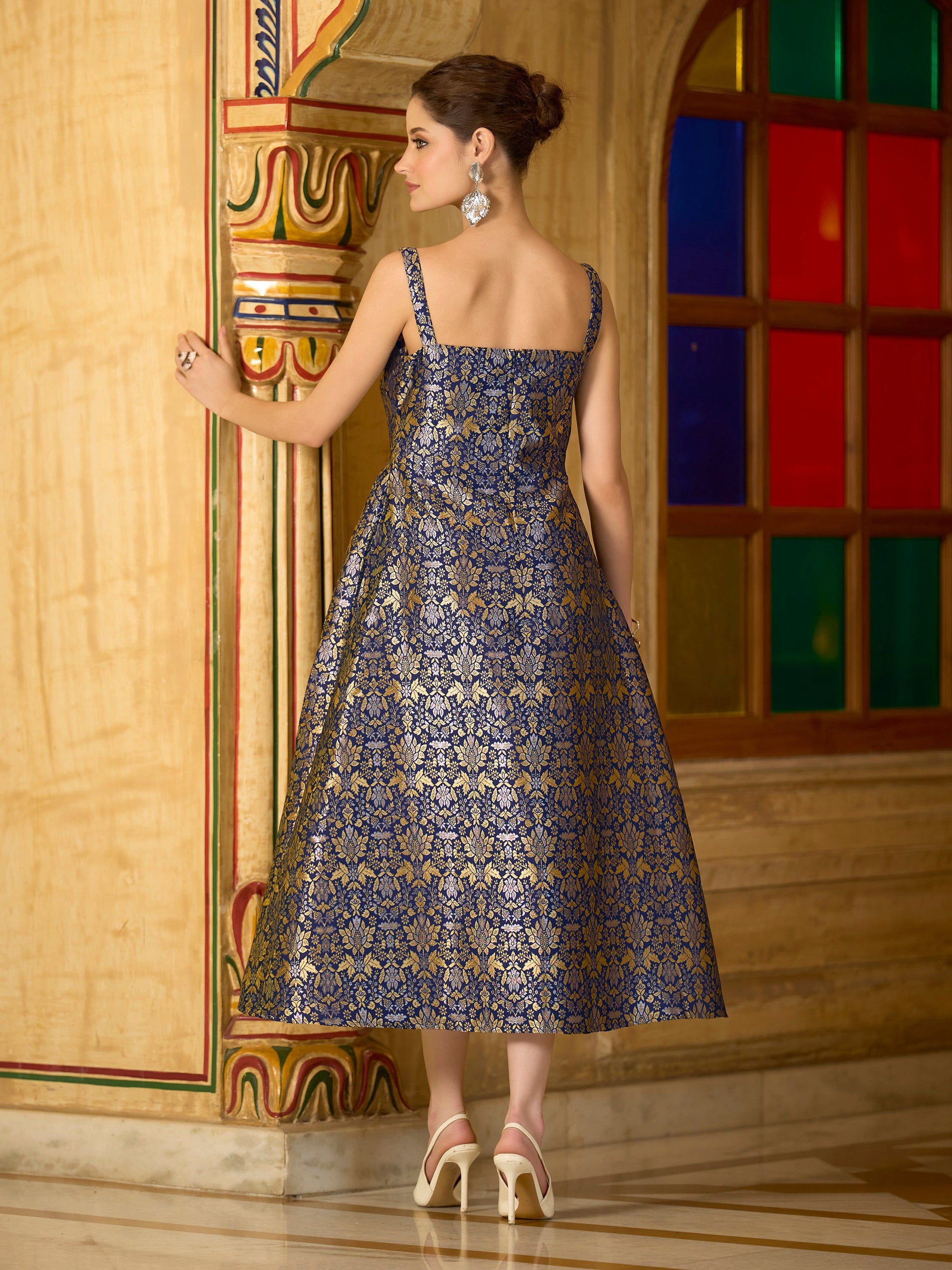 Monjolika Fashion Designer Navy Blue Jacquard Zari Woven A-Line Midi Dress