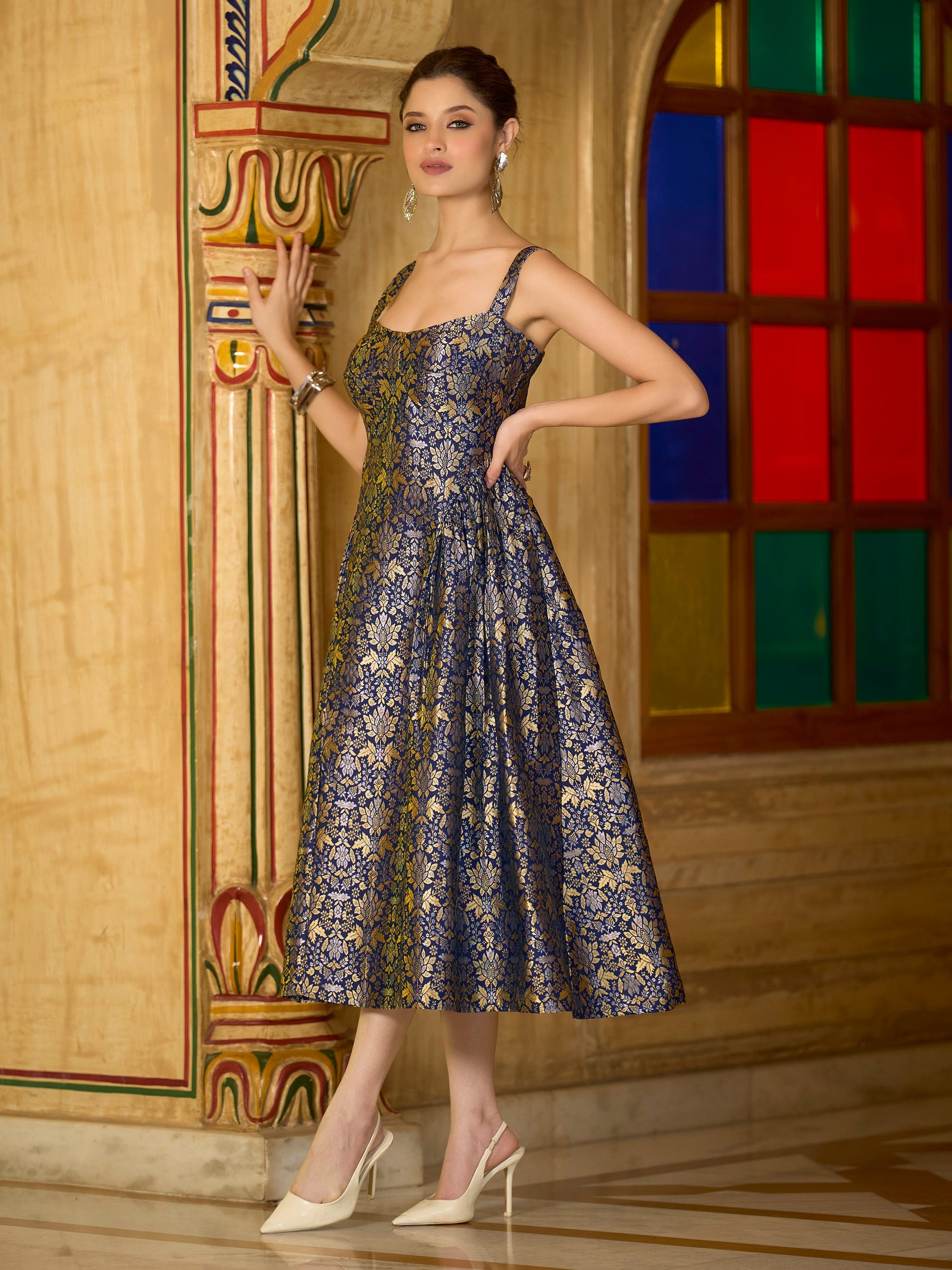 Monjolika Fashion Designer Navy Blue Jacquard Zari Woven A-Line Midi Dress