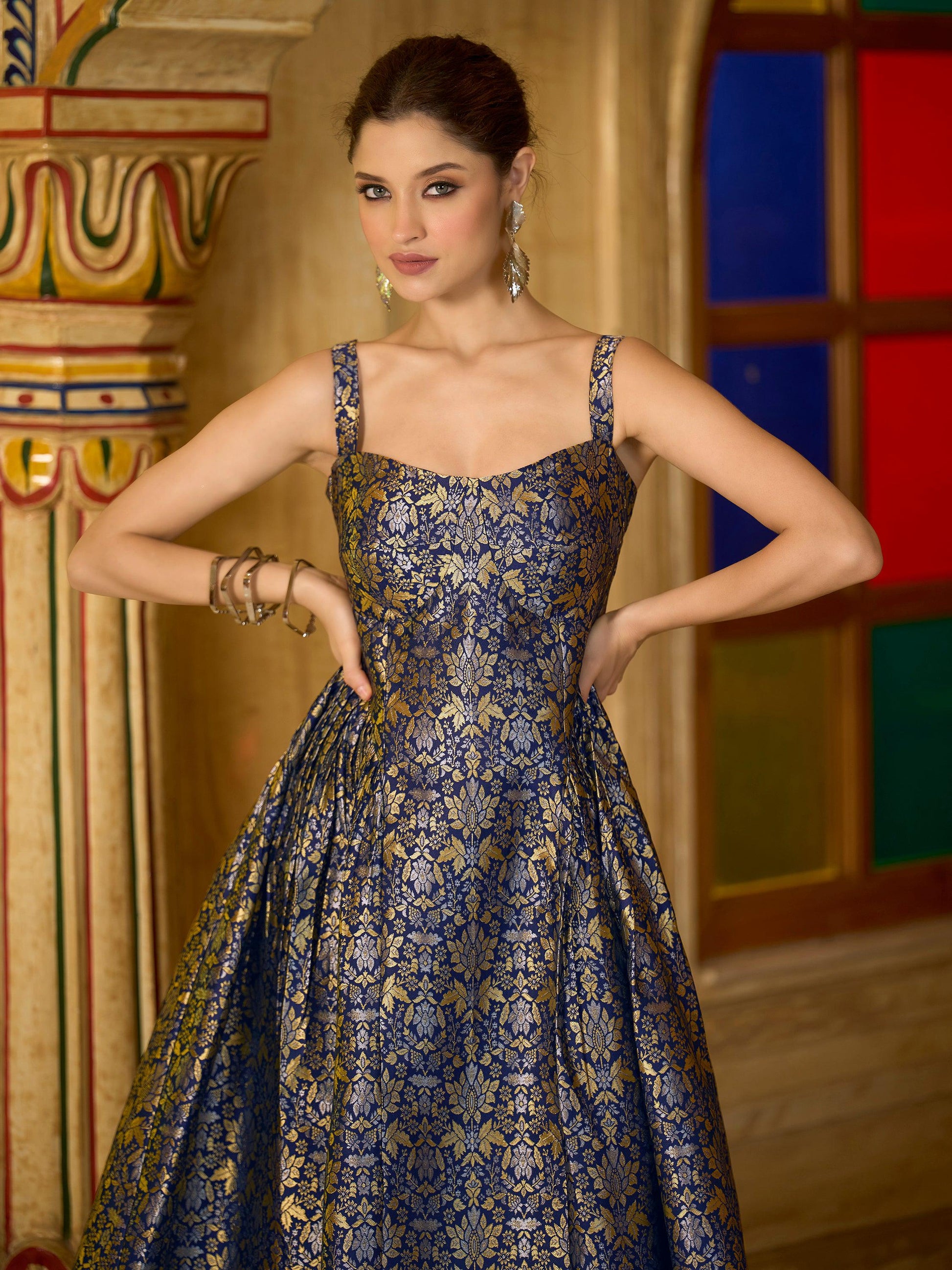 Monjolika Fashion Designer Navy Blue Jacquard Zari Woven A-Line Midi Dress