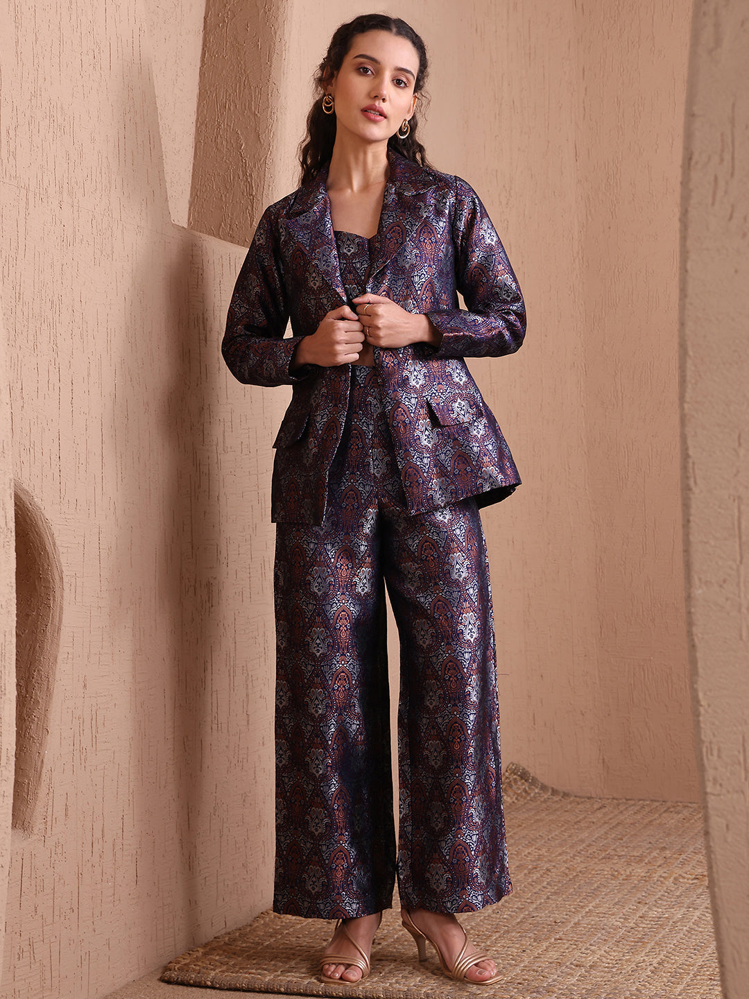 Monjolika Fashion Women's Navy Blue Banarasi Brocade Co-ord Set With Designer Blazer & Wide-Leg Pants 