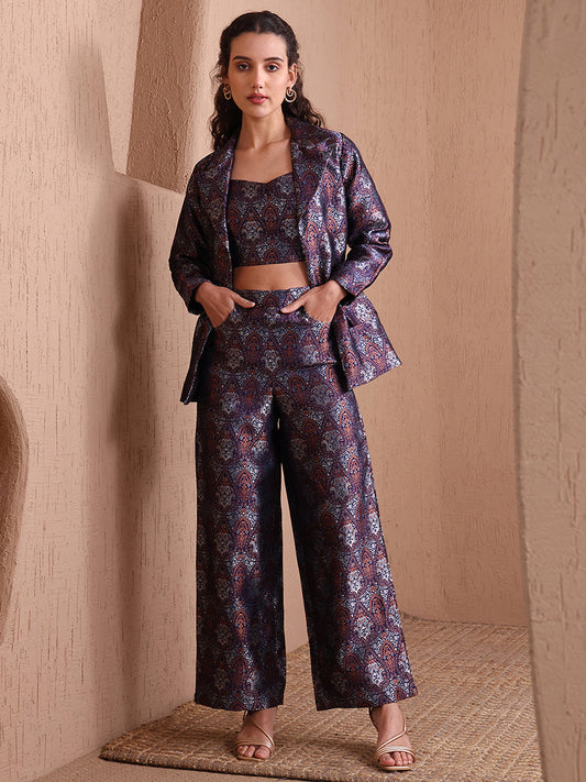 Monjolika Fashion Women's Navy Blue Banarasi Brocade Co-ord Set With Designer Blazer & Wide-Leg Pants 