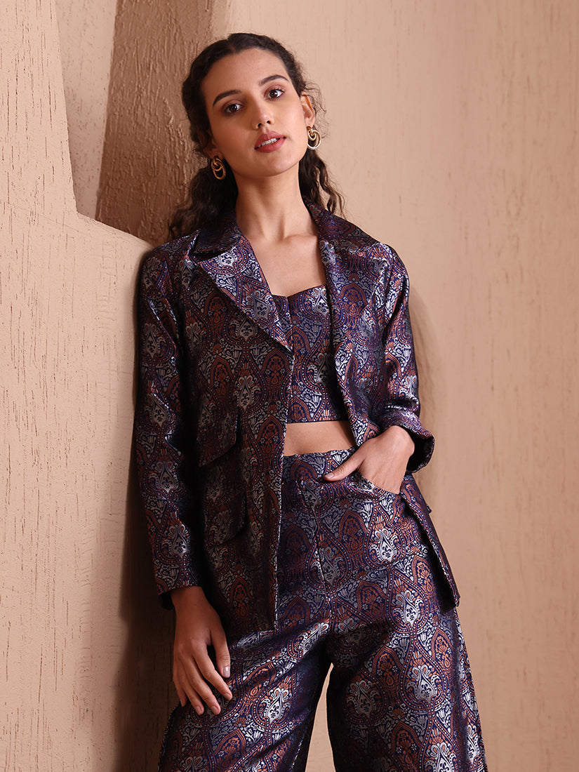 Monjolika Fashion Women's Navy Blue Banarasi Brocade Co-ord Set With Designer Blazer & Wide-Leg Pants 
