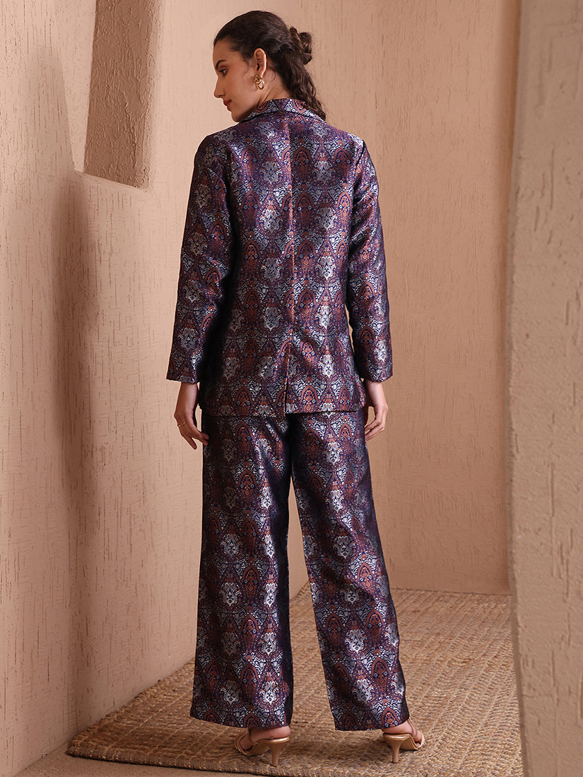 Monjolika Fashion Women's Navy Blue Banarasi Brocade Co-ord Set With Designer Blazer & Wide-Leg Pants 