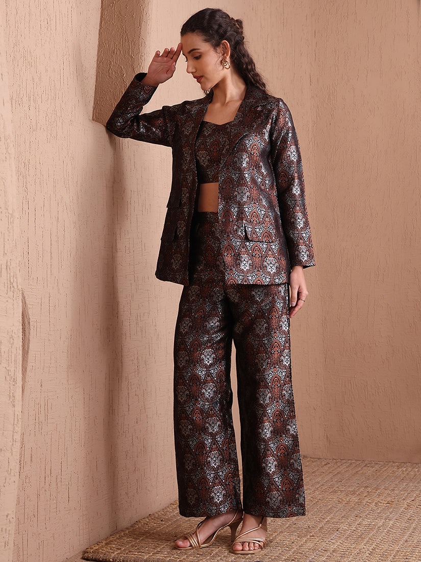 Monjolika Fashion Women's Black Banarasi Brocade Co-ord Set With Designer Blazer & Wide-Leg Pants 