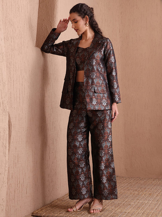Monjolika Fashion Women's Black Banarasi Brocade Co-ord Set With Designer Blazer & Wide-Leg Pants 