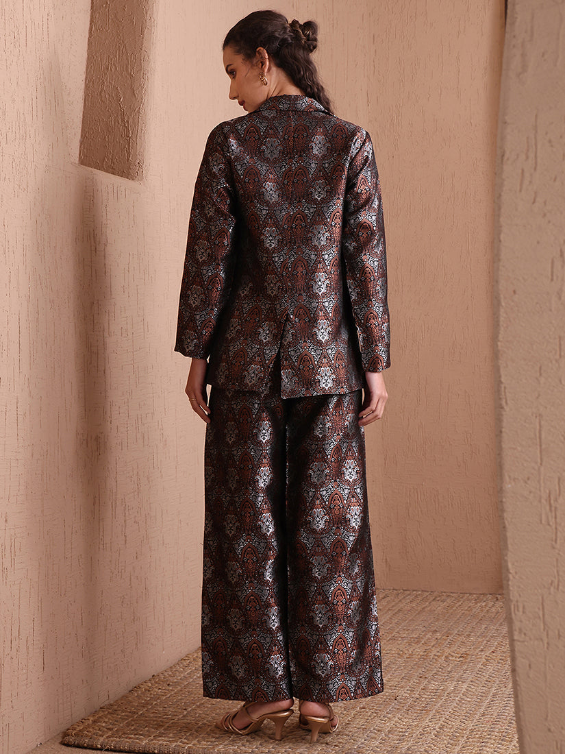Monjolika Fashion Women's Black Banarasi Brocade Co-ord Set With Designer Blazer & Wide-Leg Pants 