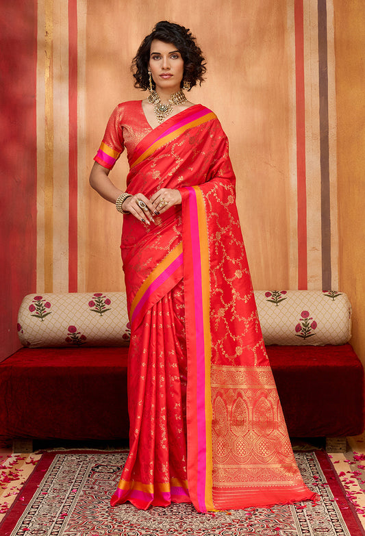 Monjolika Fashion Red Weaving Satin Silk Blend Festival Trendy Saree