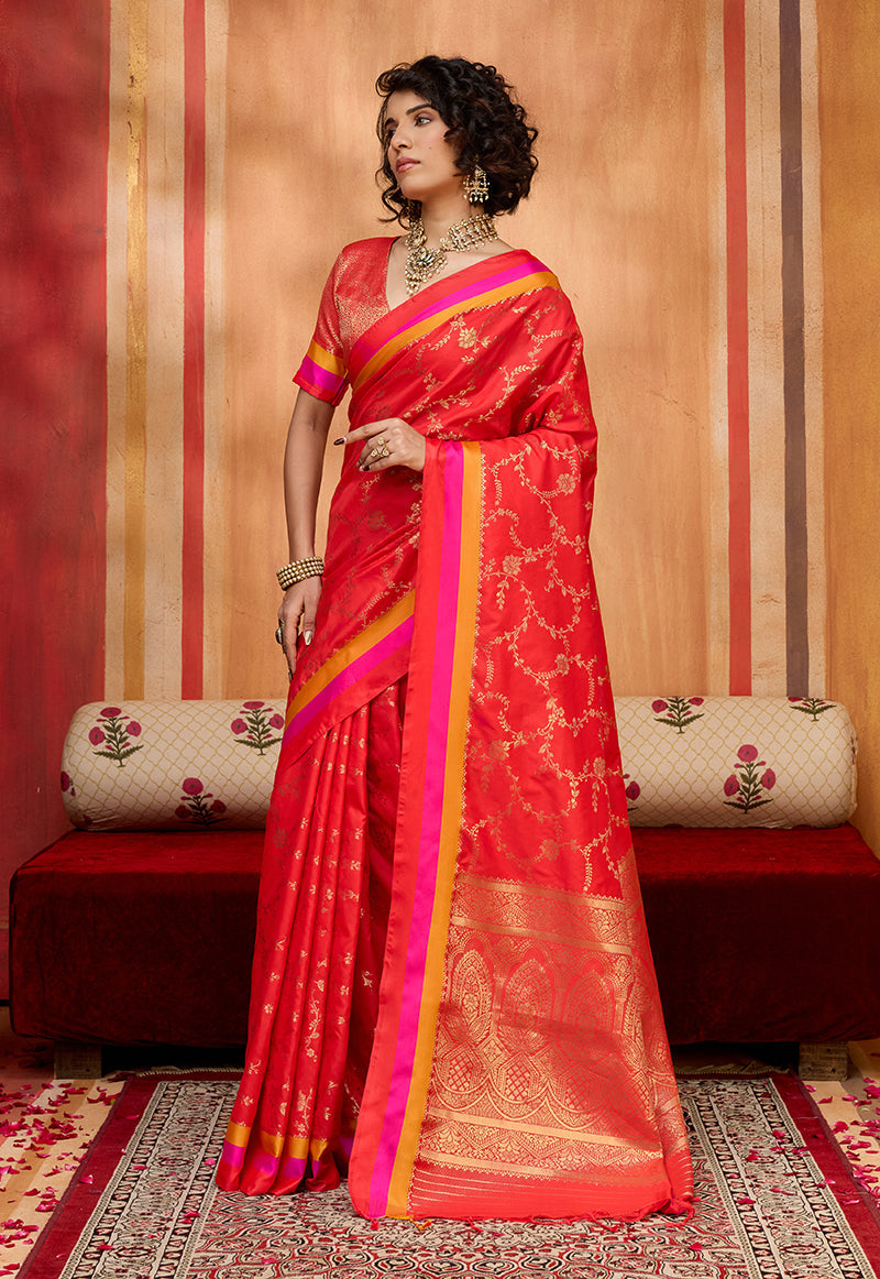 Monjolika Fashion Red Weaving Satin Silk Blend Festival Trendy Saree