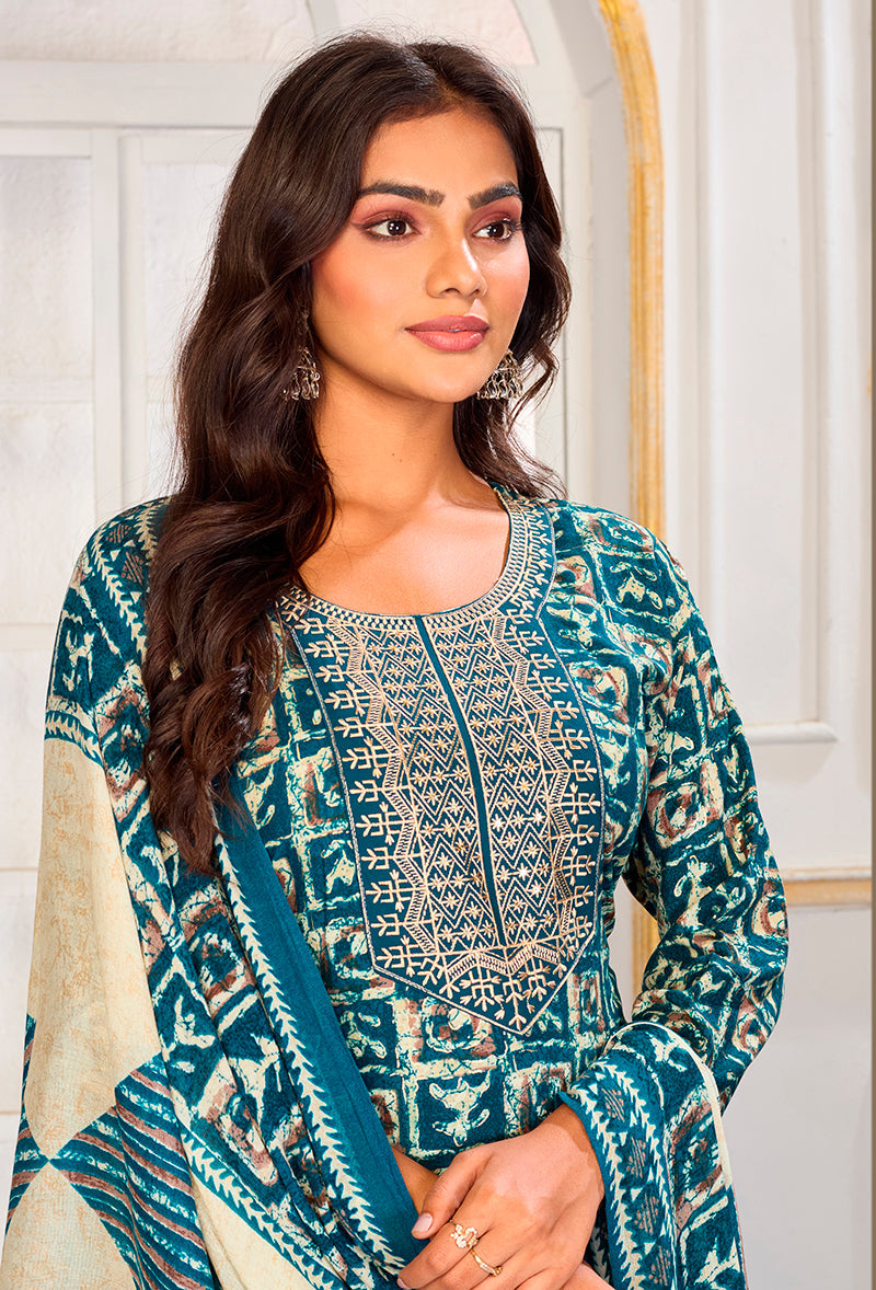 Monjolika Fashion Light Blue Rayon Embroidered Work Party Pant Style Suit