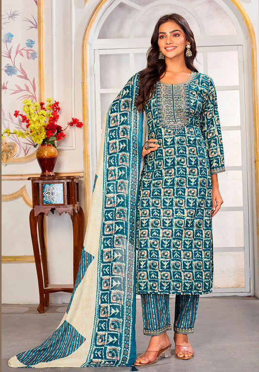 Monjolika Fashion Light Blue Rayon Embroidered Work Party Pant Style Suit