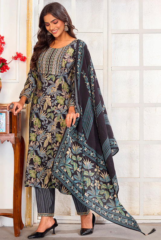 Monjolika Fashion Black Chanderi Embroidered Work Party Pant Style Suit
