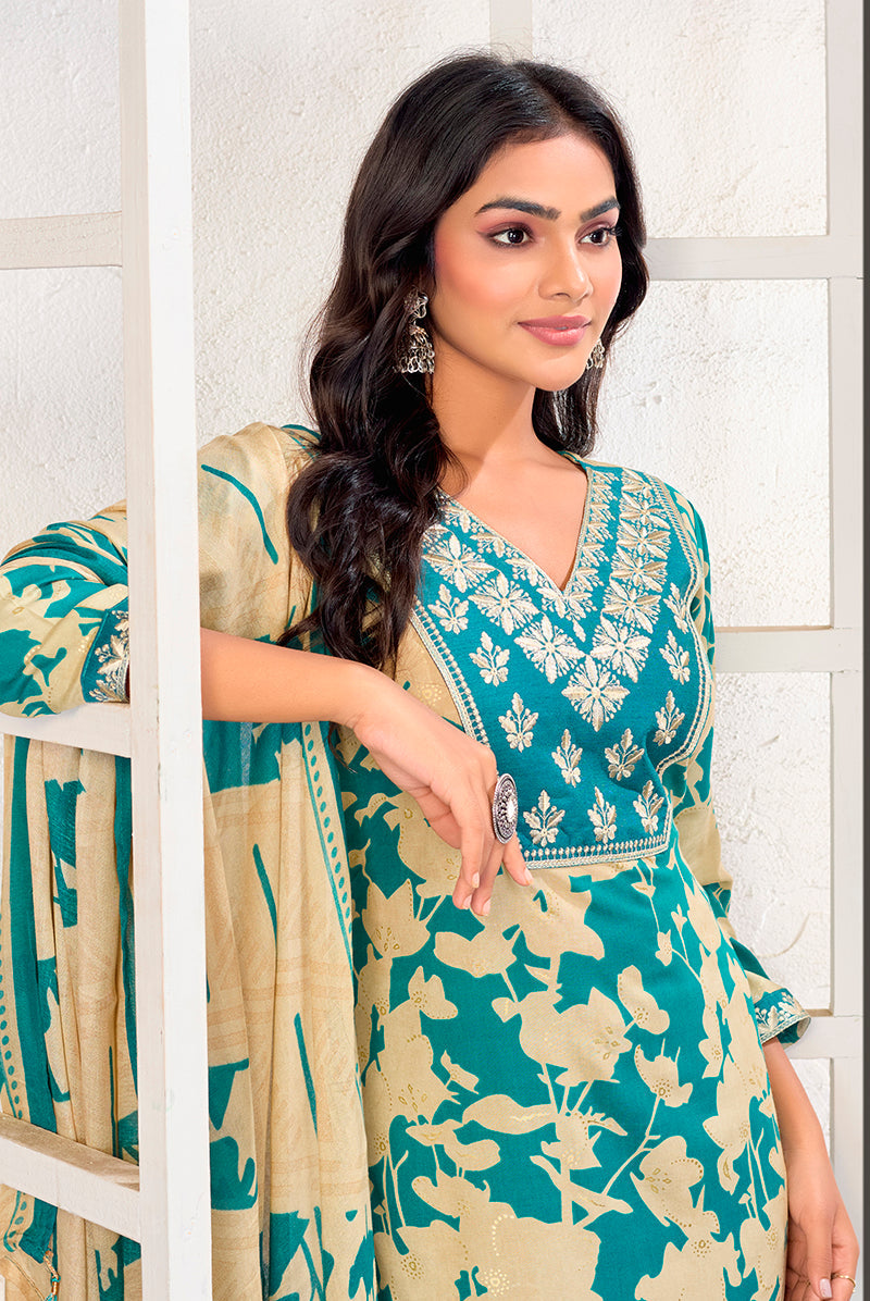 Monjolika Fashion Dark Grey Chanderi Silk Embroidered Work Party Pant Style Suit