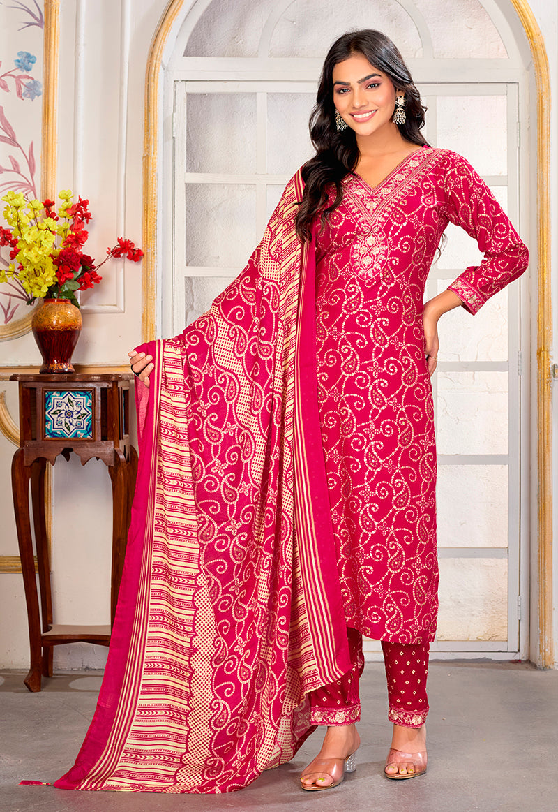 Monjolika Fashion Pink Rayon Printed Party Wear Pant Style Suit