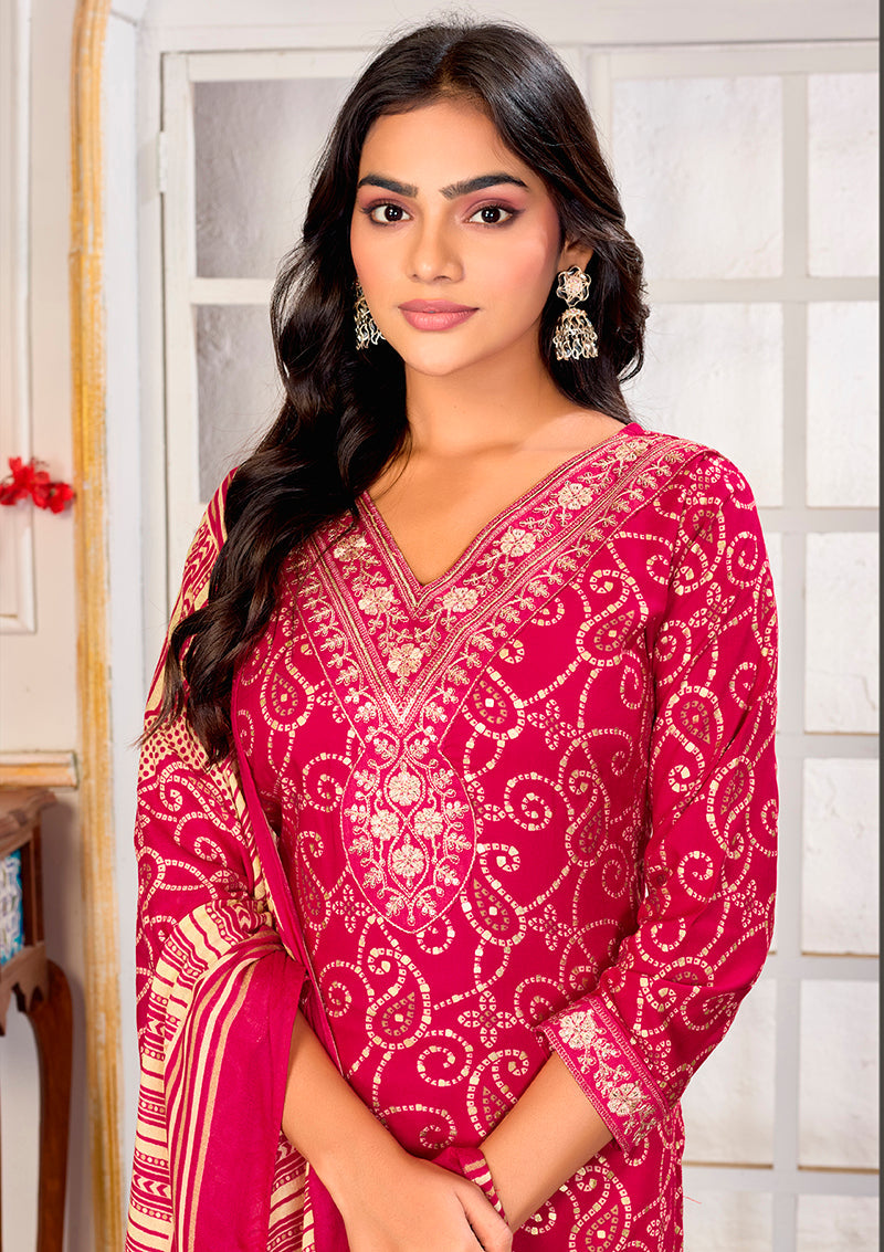 Monjolika Fashion Pink Rayon Printed Party Wear Pant Style Suit