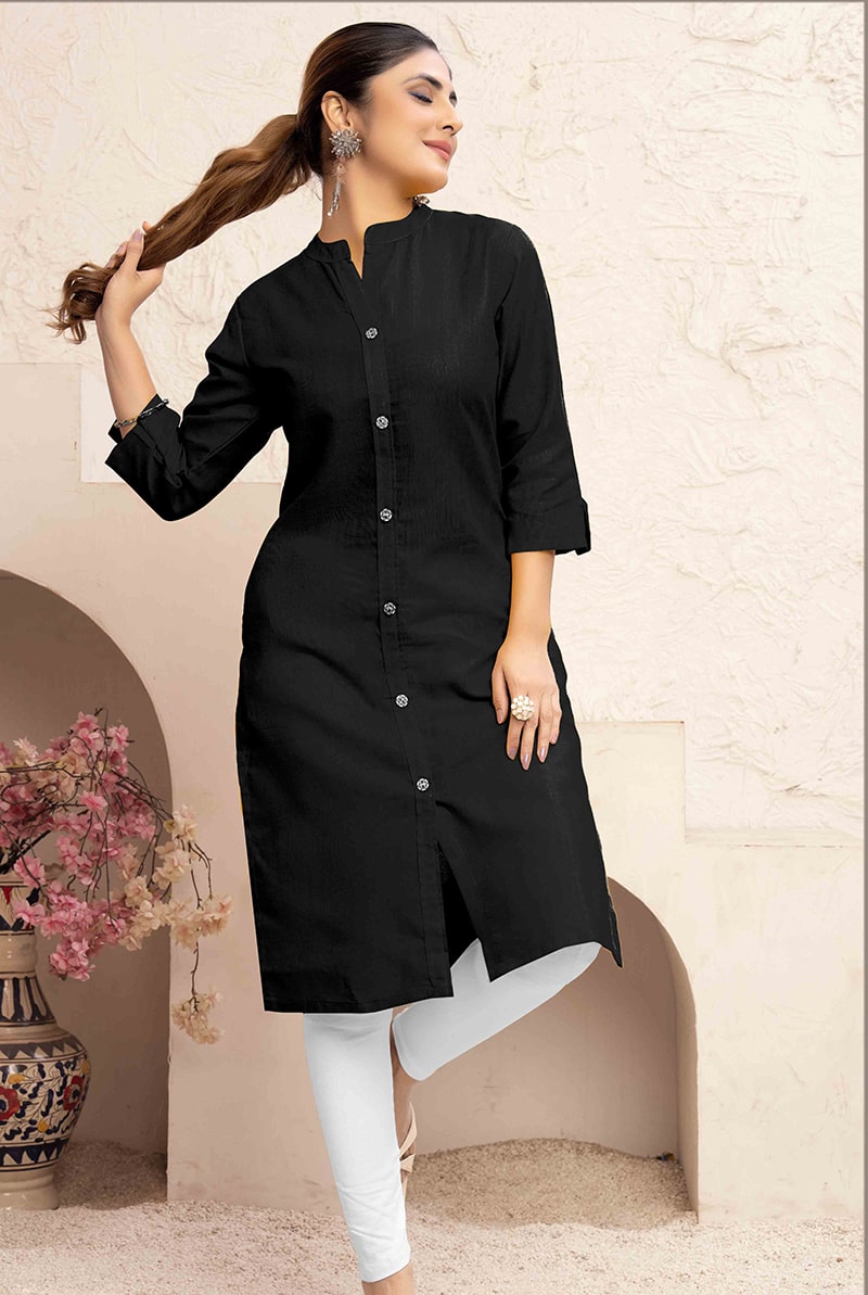 Monjolika Fashion Black Color Cotton Casual Kurti With Pocket 