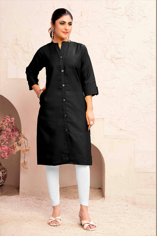 Monjolika Fashion Black Color Cotton Casual Kurti With Pocket 