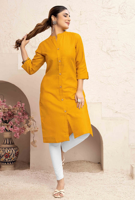 Monjolika Fashion Mustard Yellow Color Cotton Casual Kurti With Pocket 