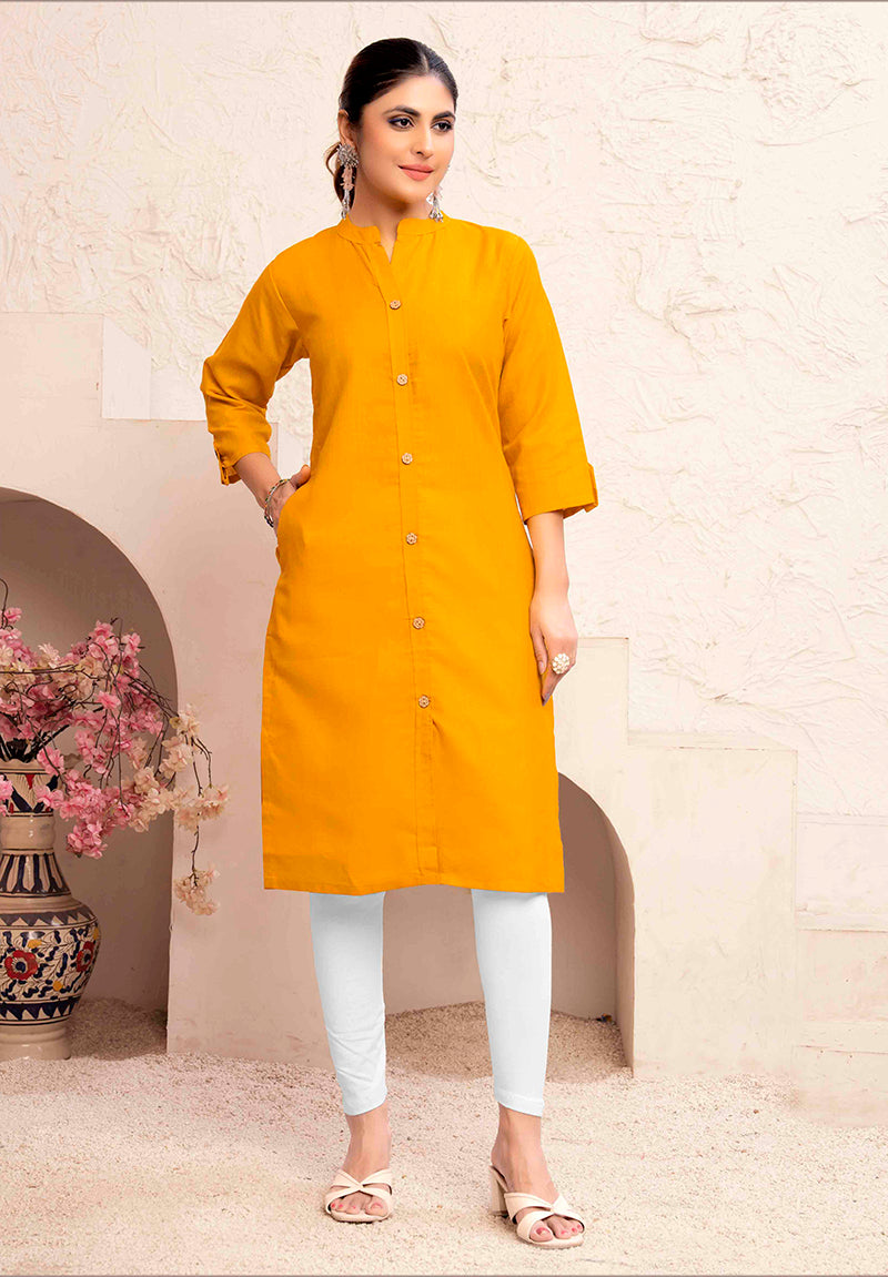 Monjolika Fashion Mustard Yellow Color Cotton Casual Kurti With Pocket 
