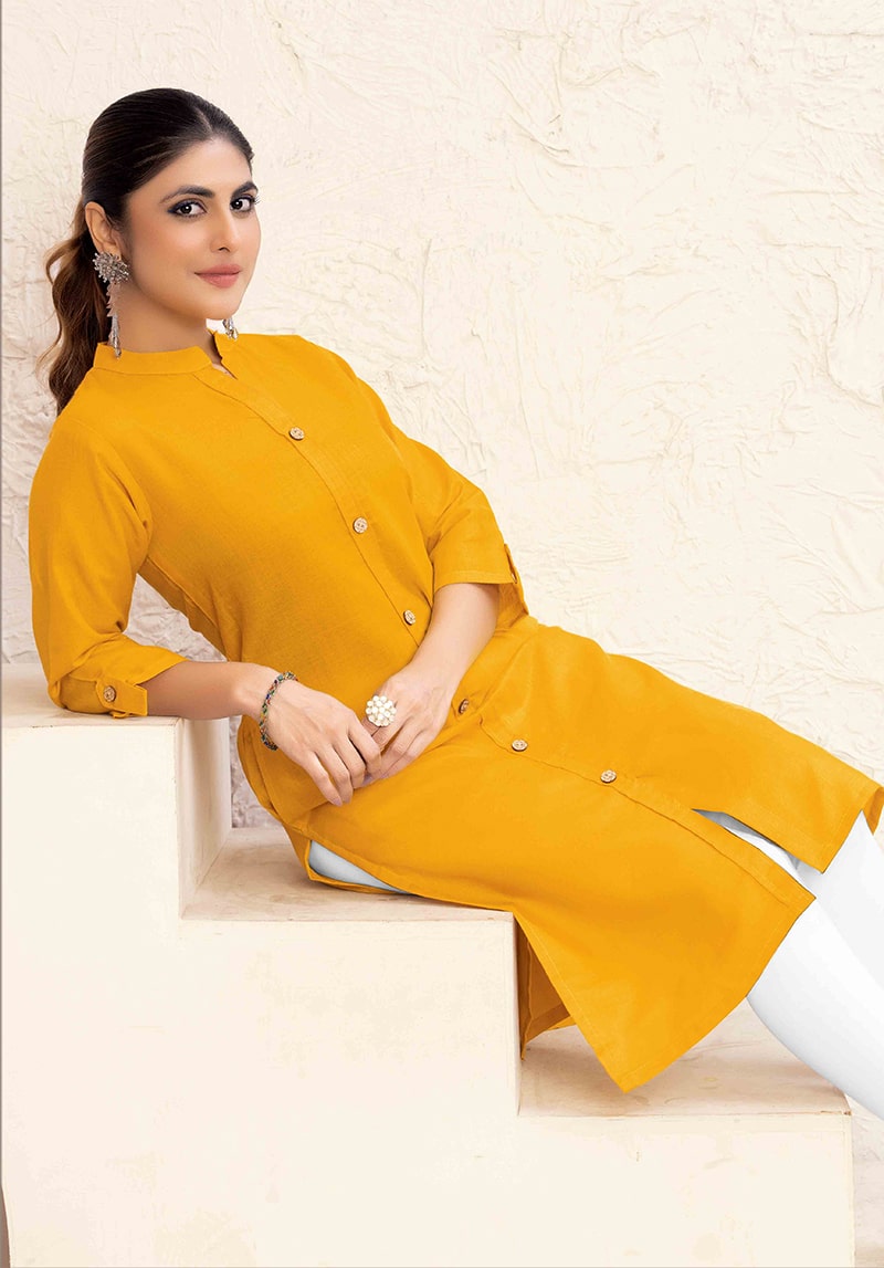 Monjolika Fashion Mustard Yellow Color Cotton Casual Kurti With Pocket 