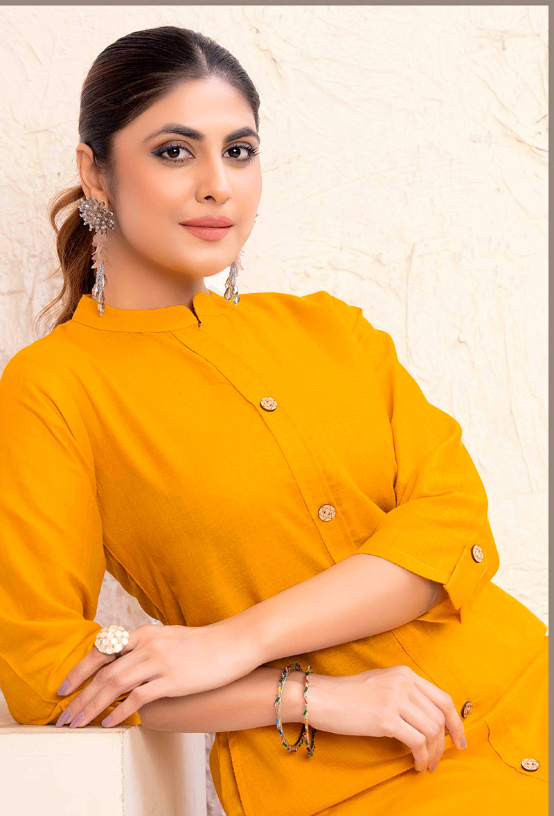 Monjolika Fashion Mustard Yellow Color Cotton Casual Kurti With Pocket 