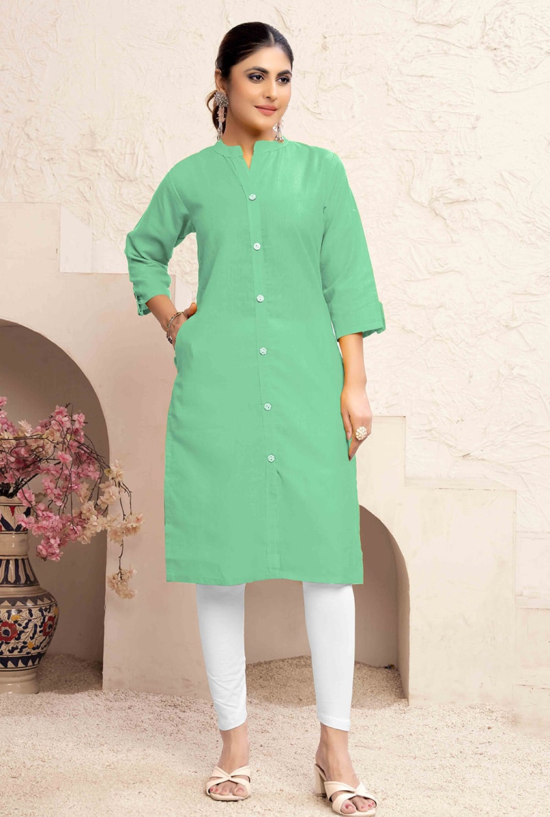 Monjolika Fashion Sea Green Color Cotton Casual Kurti With Pocket 