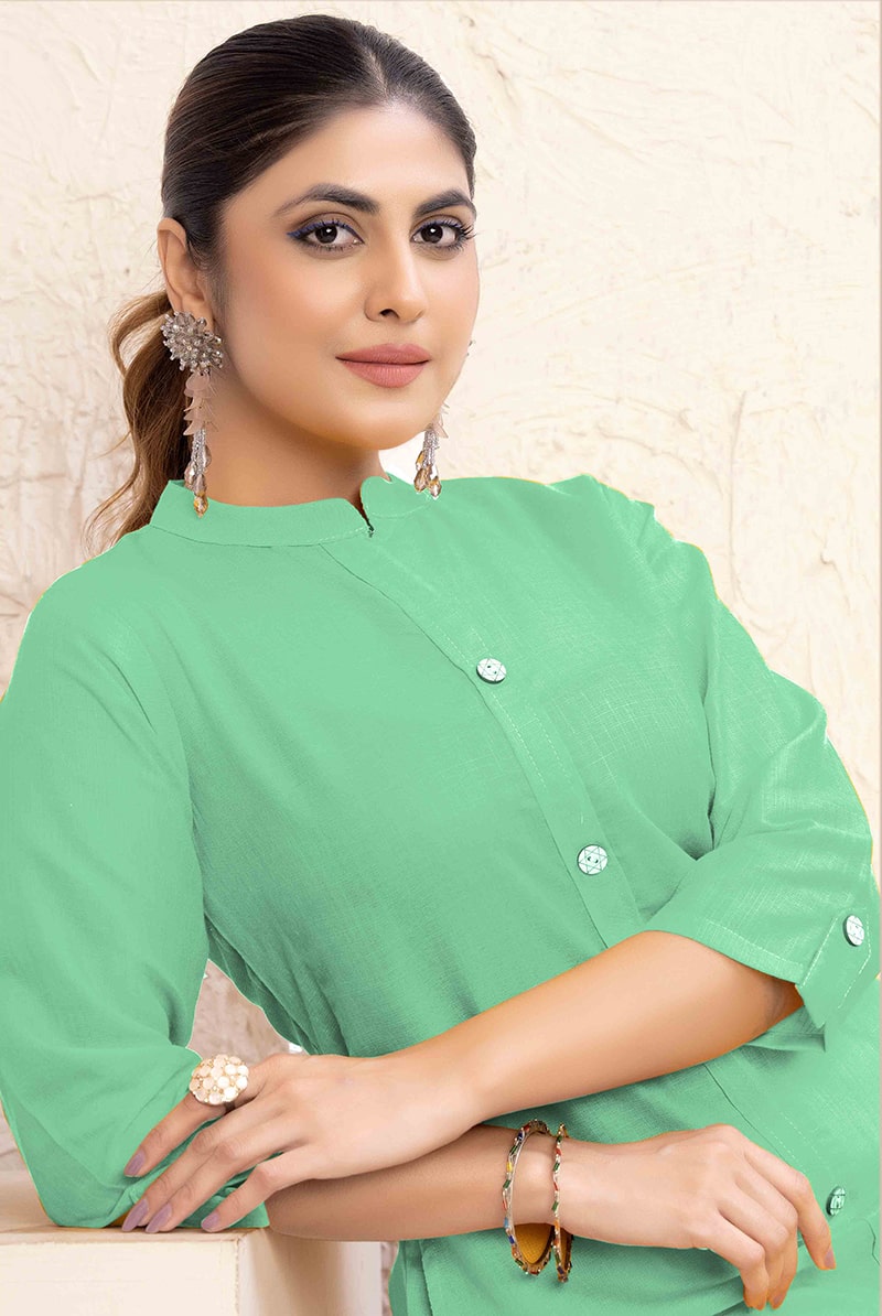 Monjolika Fashion Sea Green Color Cotton Casual Kurti With Pocket 