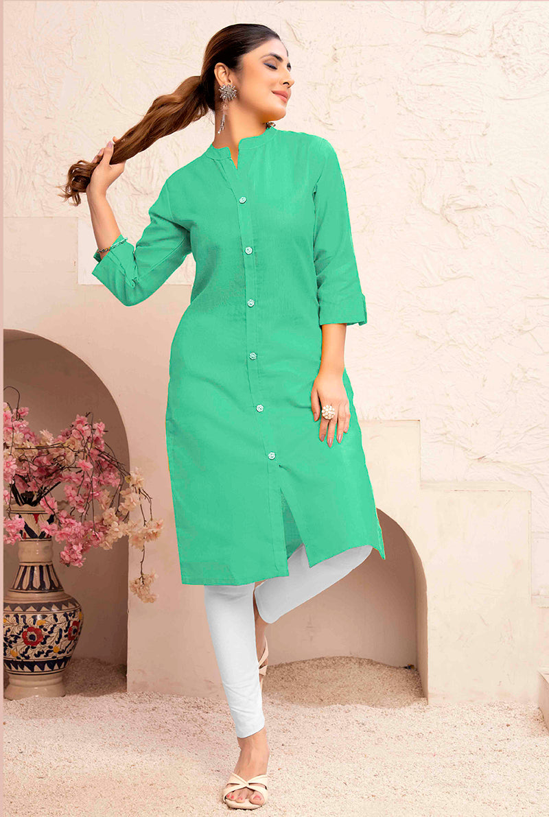 Monjolika Fashion Sea Green Color Cotton Casual Kurti With Pocket 