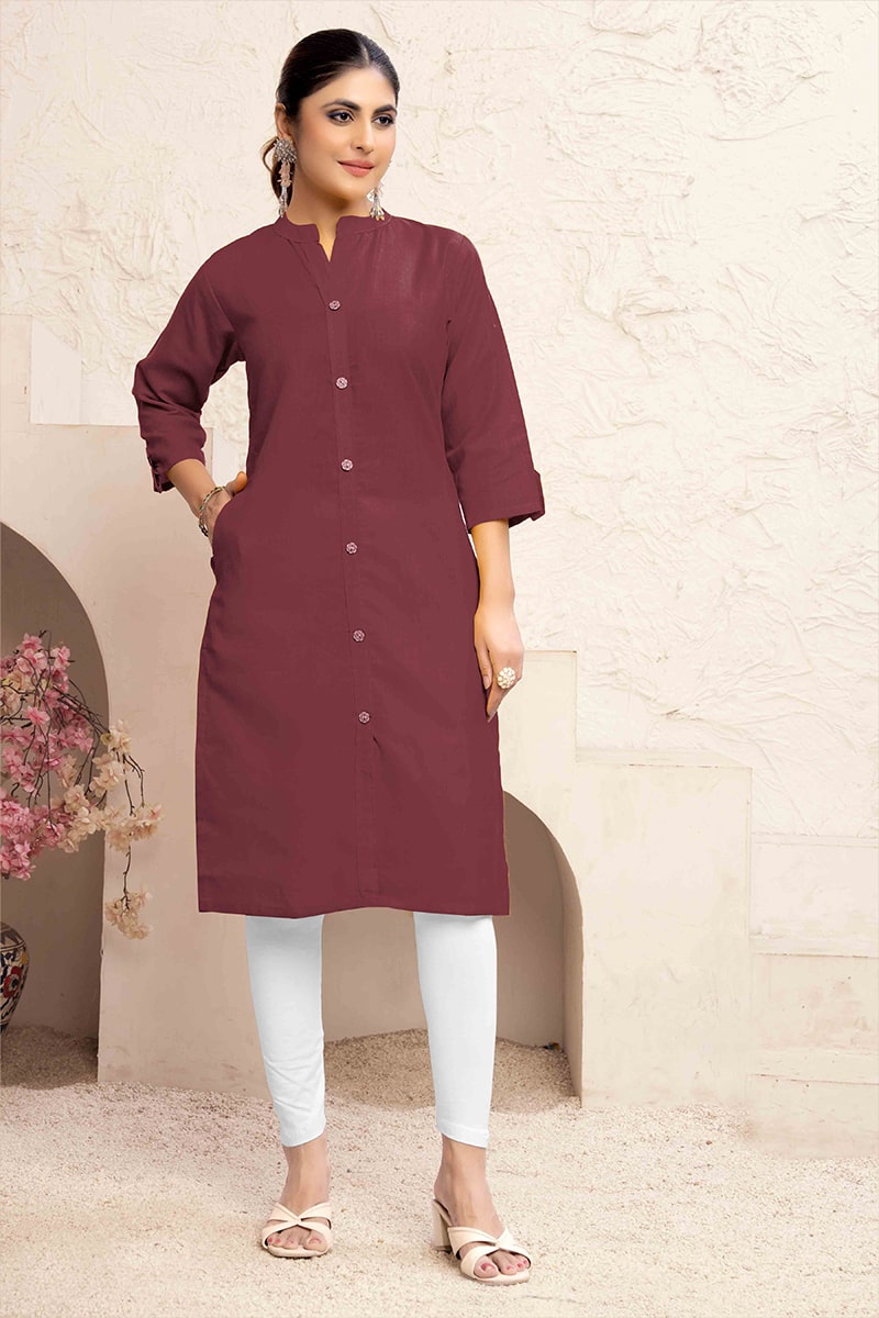 Monjolika Fashion Brown Color Cotton Casual Kurti With Pocket 