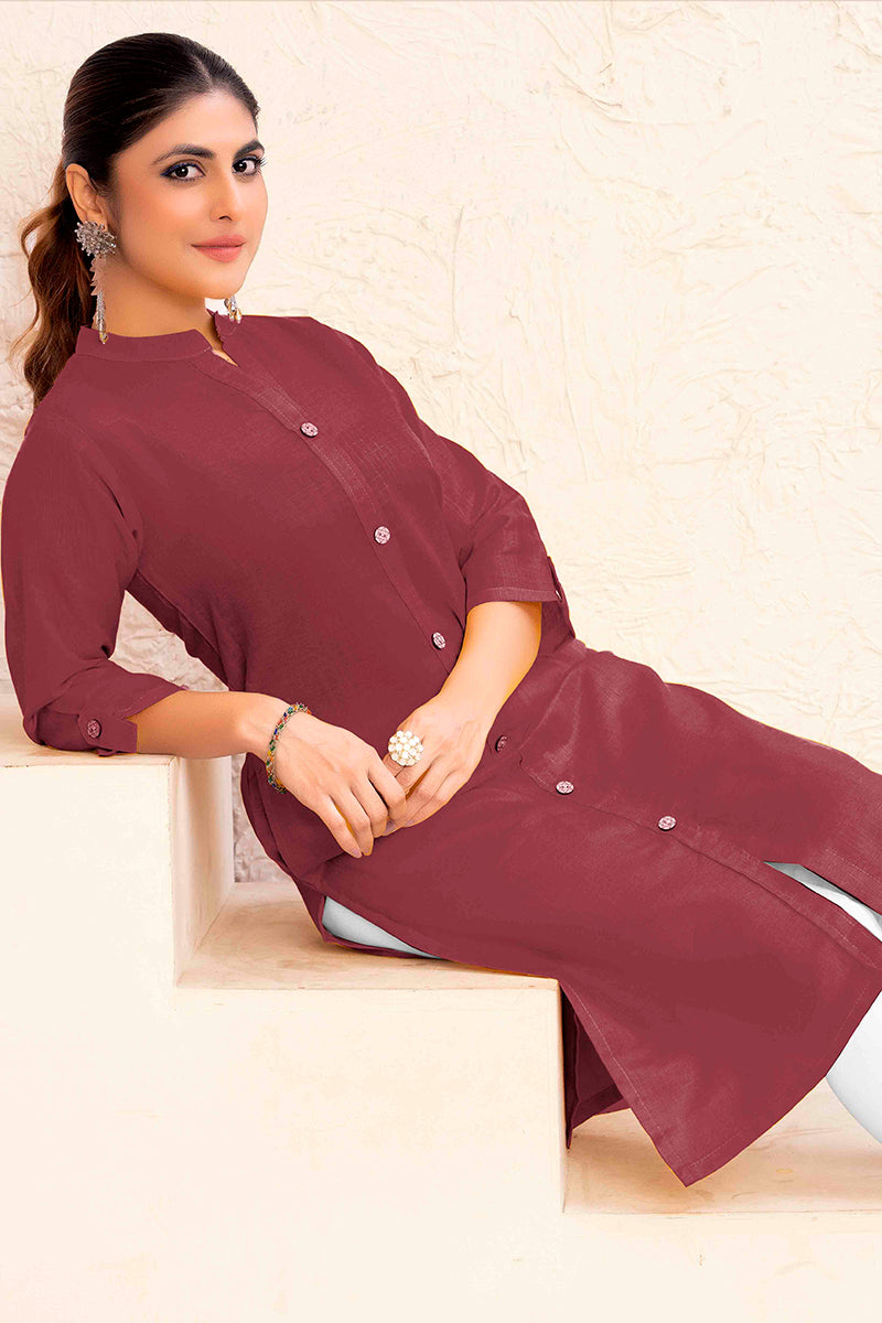 Monjolika Fashion Brown Color Cotton Casual Kurti With Pocket 
