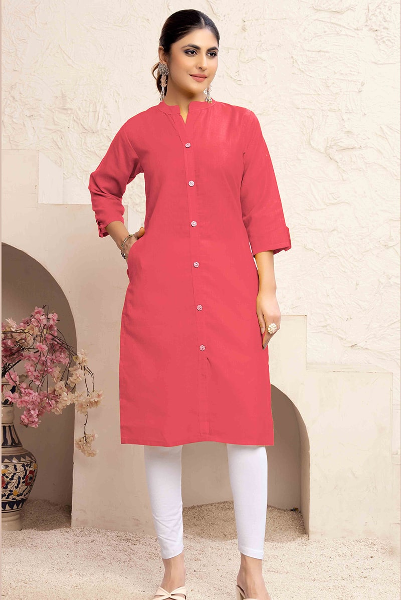 Monjolika Fashion Dark Peach Color Cotton Casual Kurti With Pocket 