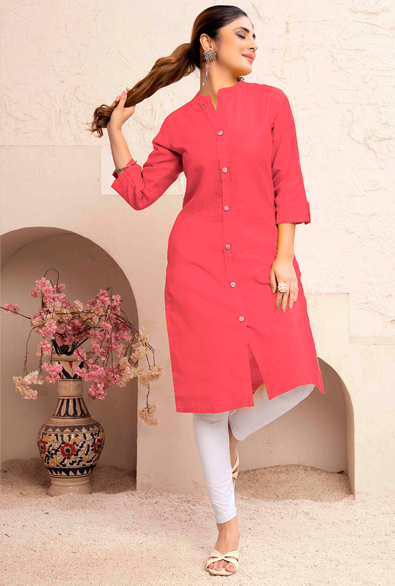 Monjolika Fashion Dark Peach Color Cotton Casual Kurti With Pocket 