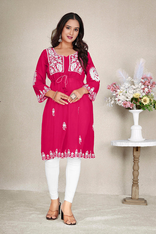 Monjolika Fashion Rani Pink Colour Embroidered Georgette Casual Kurti