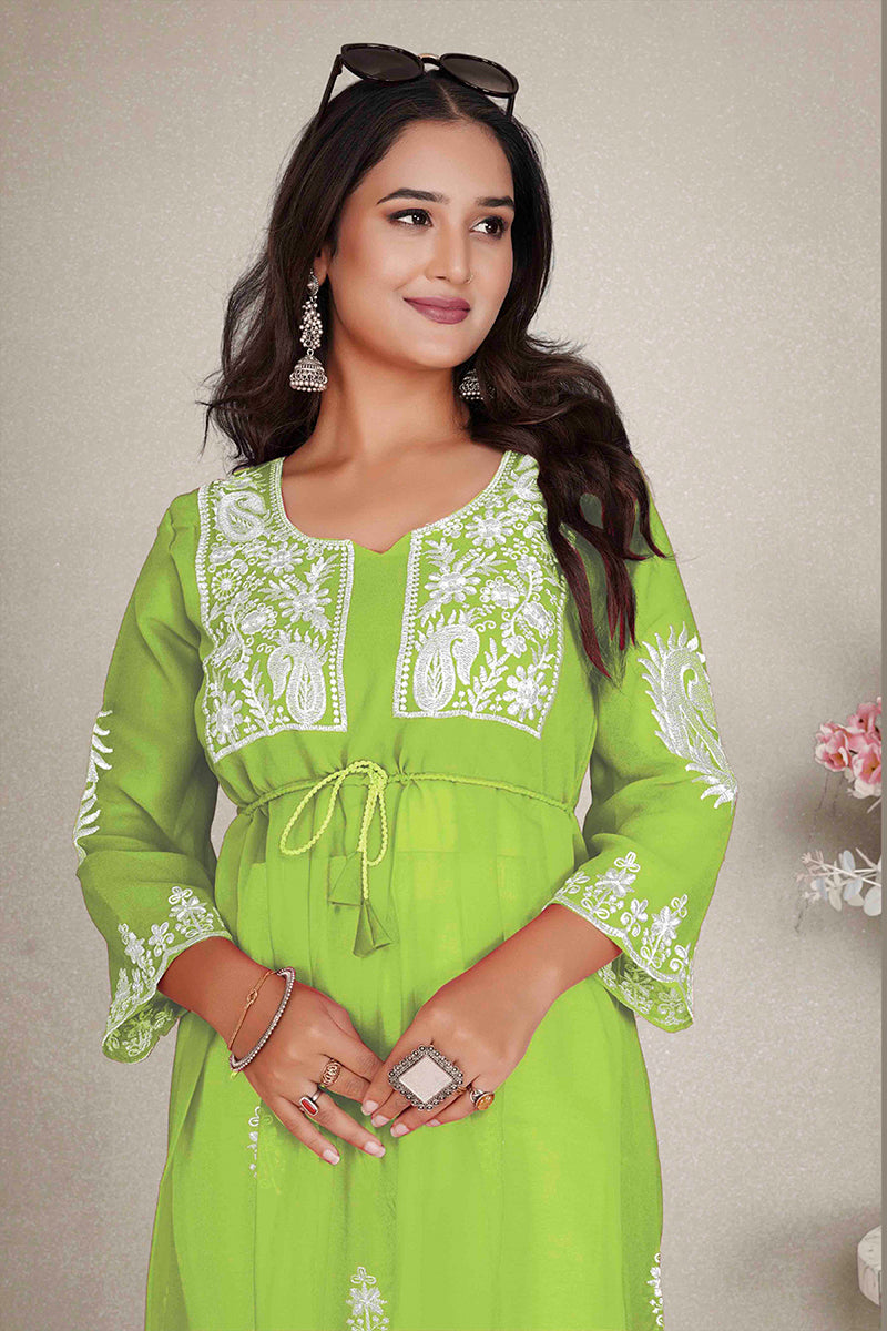 Monjolika Fashion Parrot Green Colour Embroidered Georgette Casual Kurti 