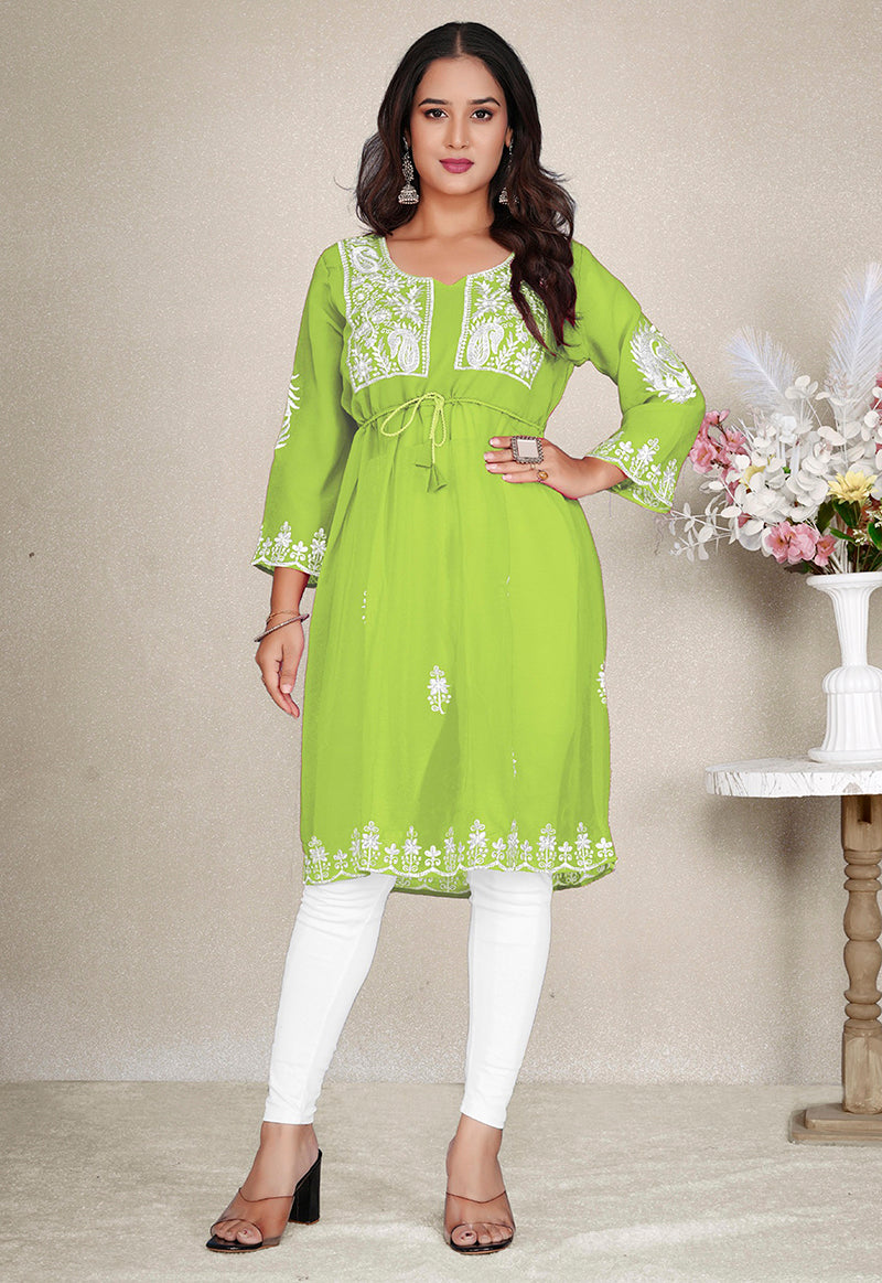 Monjolika Fashion Parrot Green Colour Embroidered Georgette Casual Kurti 