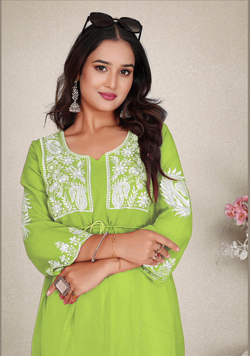 Monjolika Fashion Parrot Green Colour Embroidered Georgette Casual Kurti 