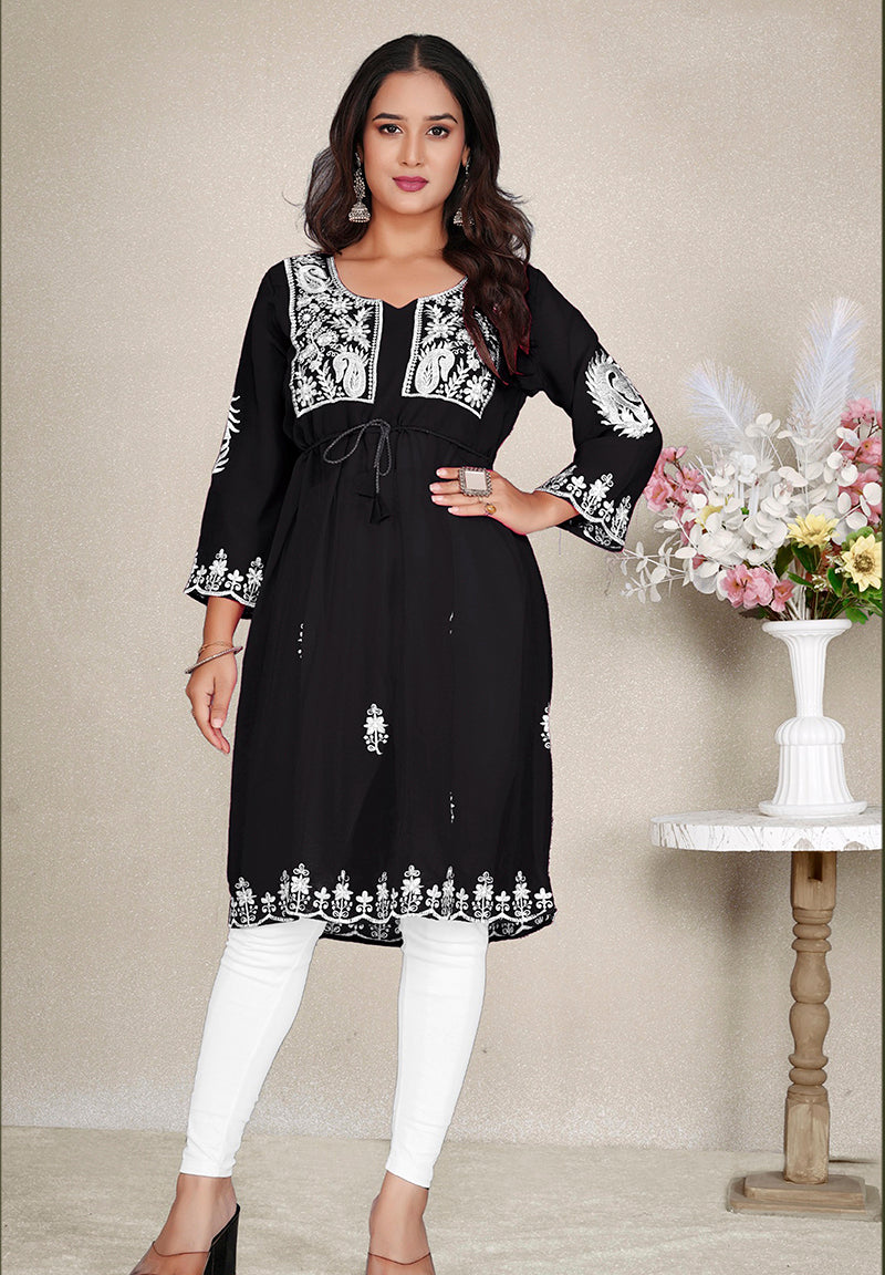 Monjolika Fashion Black Colour Embroidered Georgette Casual Kurti 