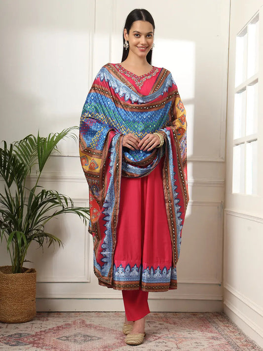 Yufta Pink Anarkali Silk Blend Kurta Set With Pant And Dupatta With Cotton Lining 