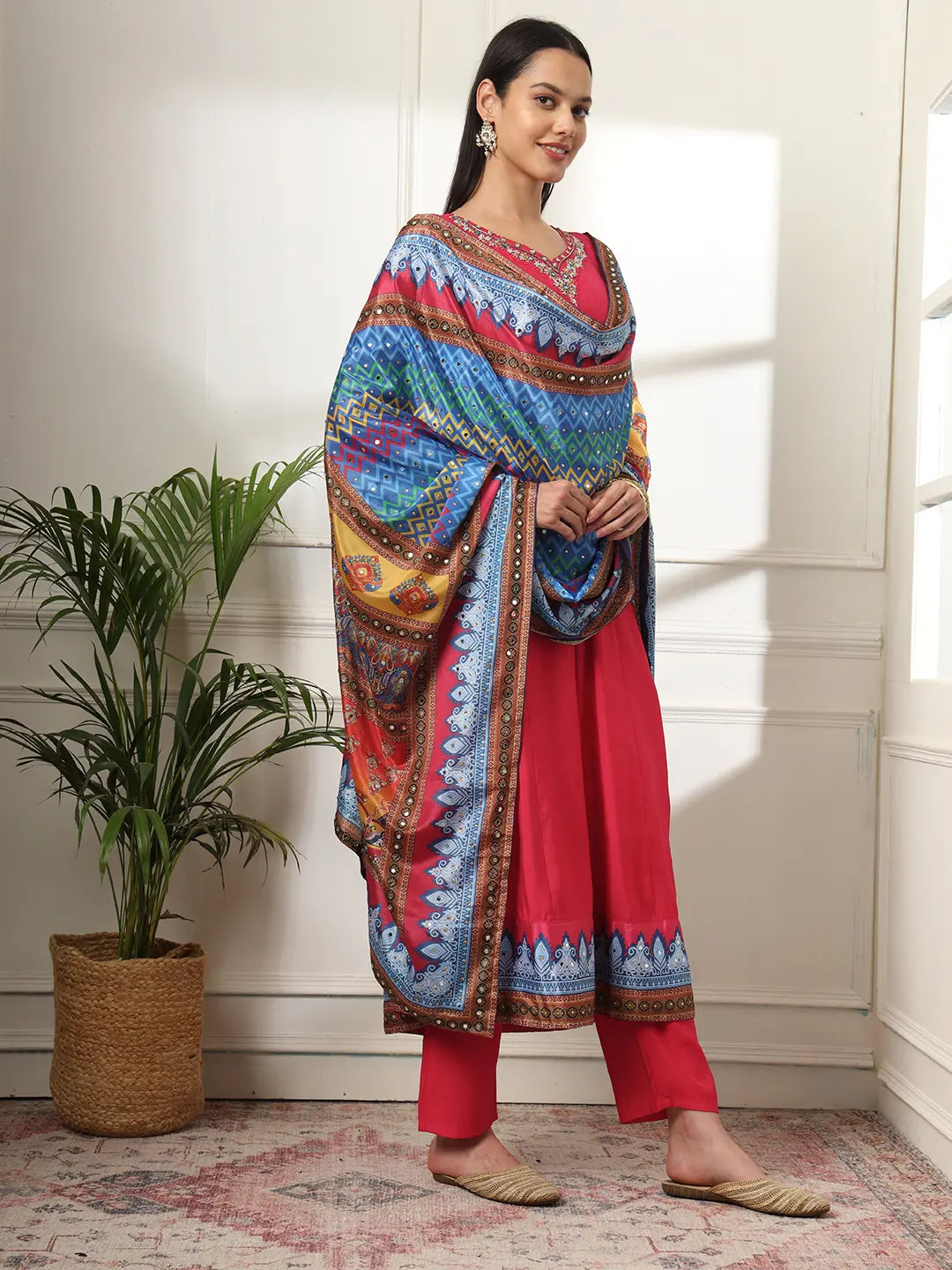 Yufta Pink Anarkali Silk Blend Kurta Set With Pant And Dupatta With Cotton Lining 