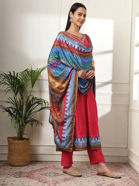 Yufta Pink Anarkali Silk Blend Kurta Set With Pant And Dupatta With Cotton Lining 