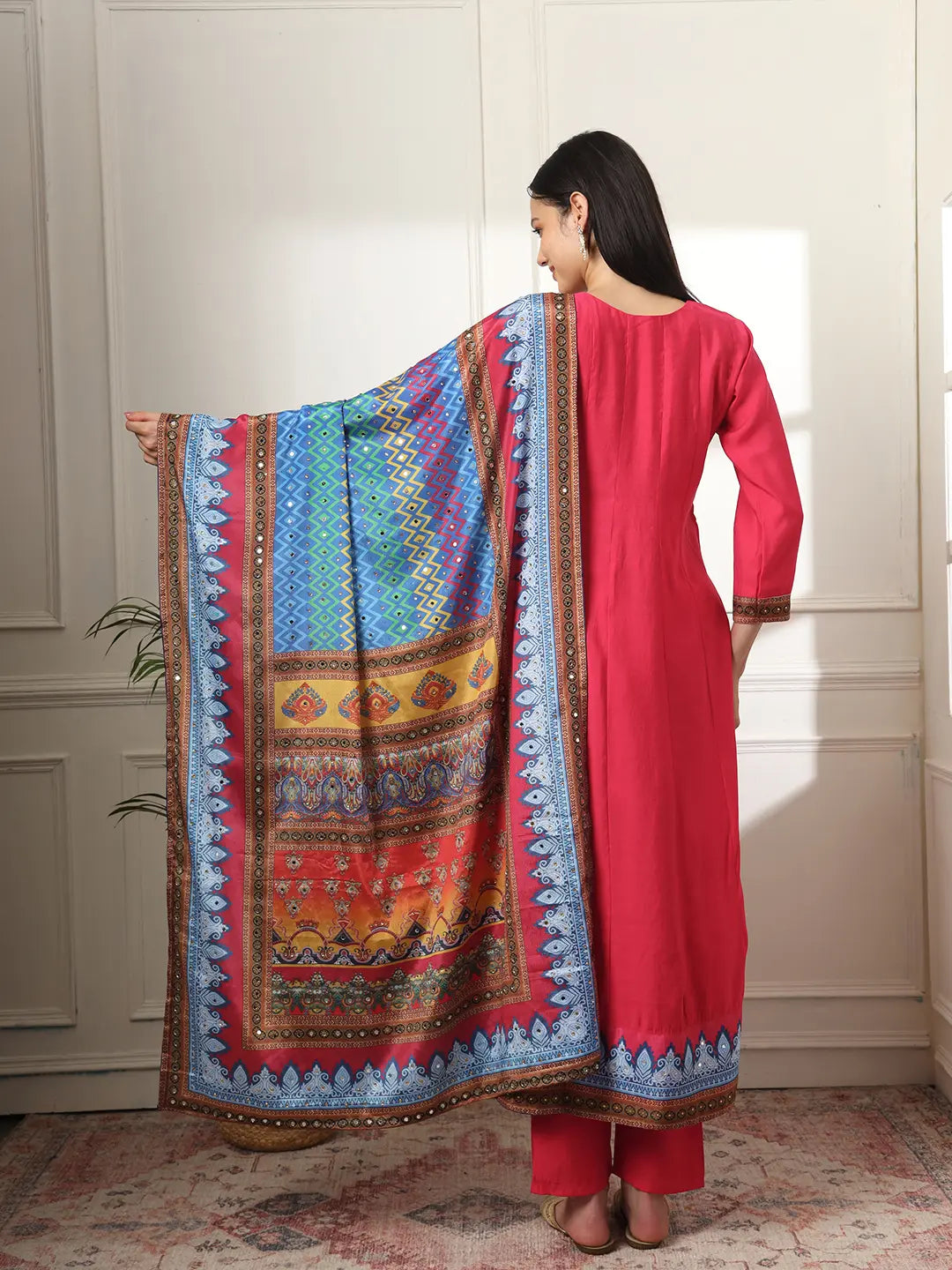 Yufta Pink Anarkali Silk Blend Kurta Set With Pant And Dupatta With Cotton Lining 